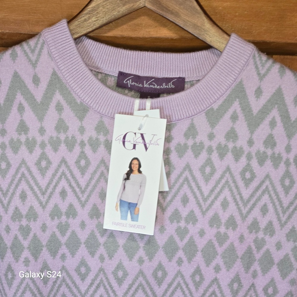 Gloria Vanderbilt Womens Fair Isle Sweater Lavender Purple Grey Crewneck NWT S